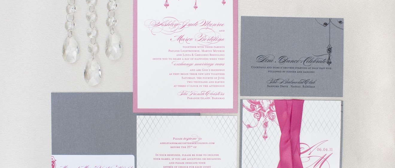 custom wedding invitations, crystals on wedding invitations, drop diamond wedding invitation, hot pink and slate grey wedding invitaitons, ribbon on wedding inviations