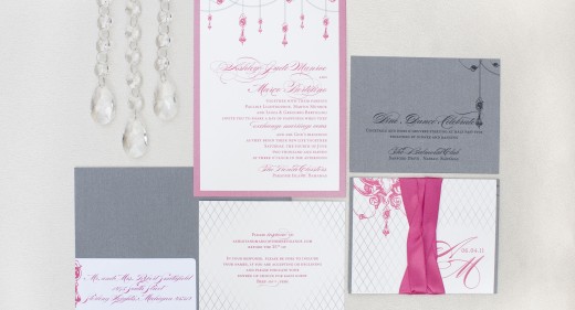 custom wedding invitations, crystals on wedding invitations, drop diamond wedding invitation, hot pink and slate grey wedding invitaitons, ribbon on wedding inviations