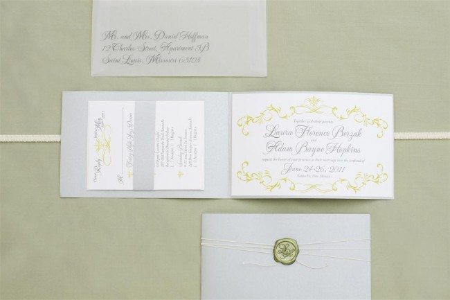 Custom wedding invitation wax seal, custom wax seal wedding invitations, silver and celery green wedding, velum envelopes, vellum envelope