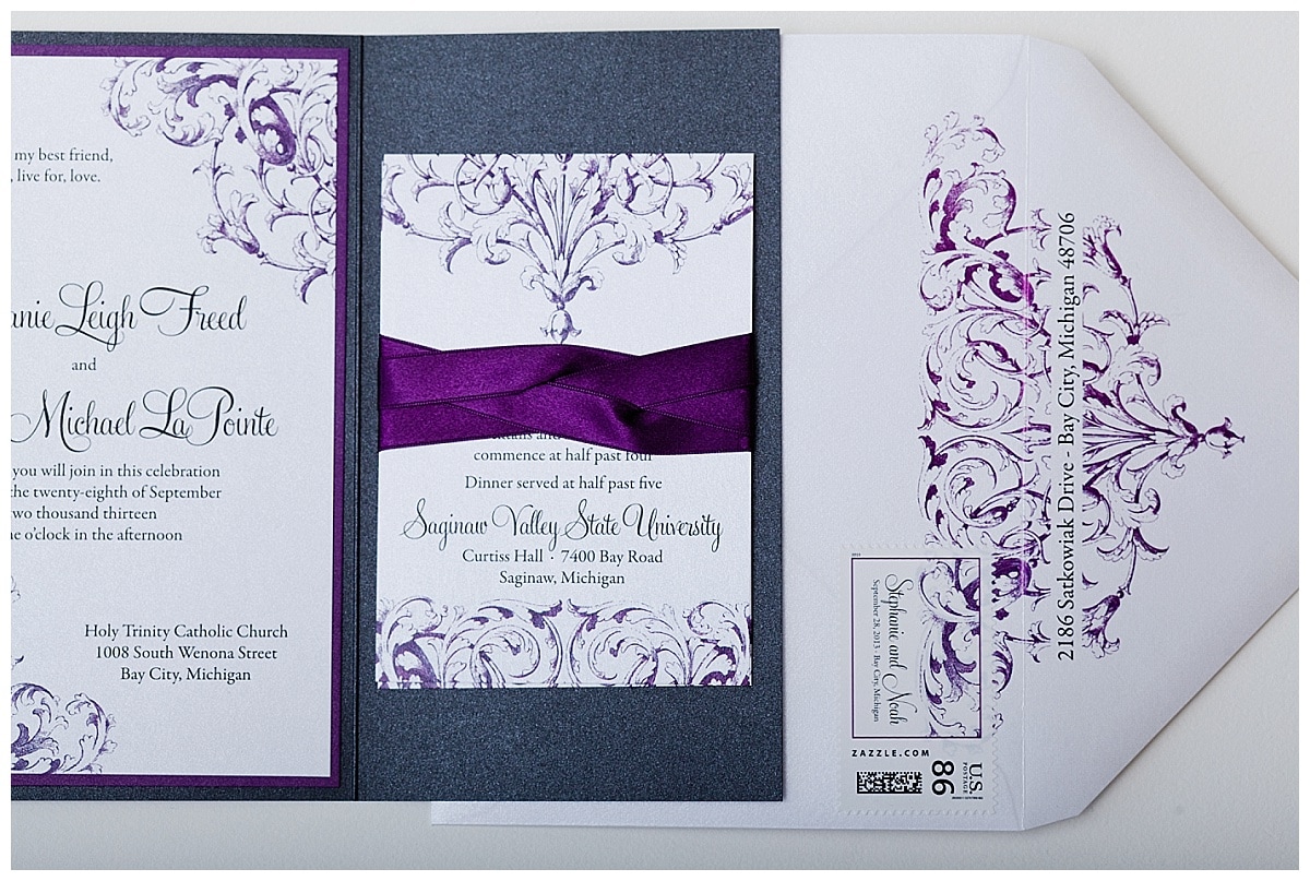 purple and gray gatefold invitations
