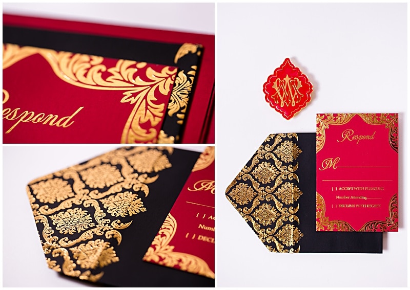 red black and gold invitations